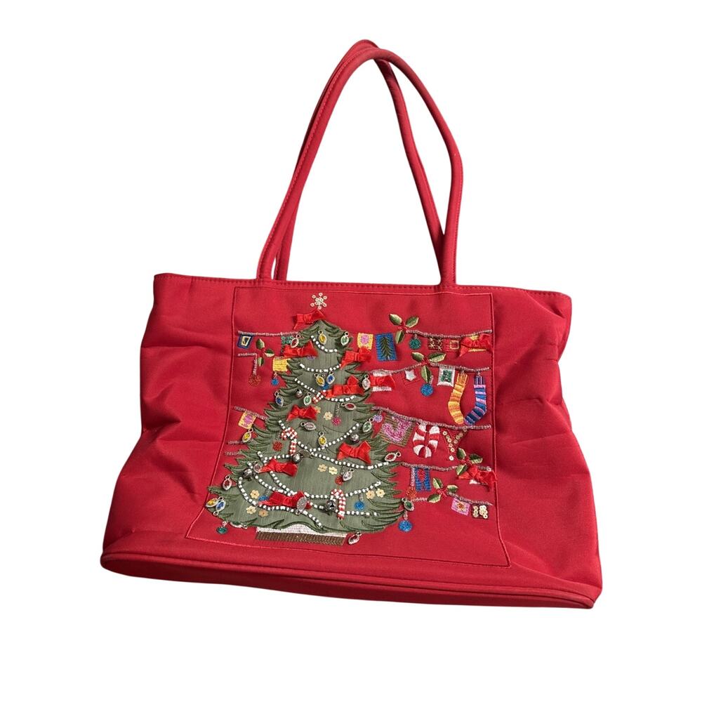 Bueno Red Holiday Tote Bag Embroidered Details